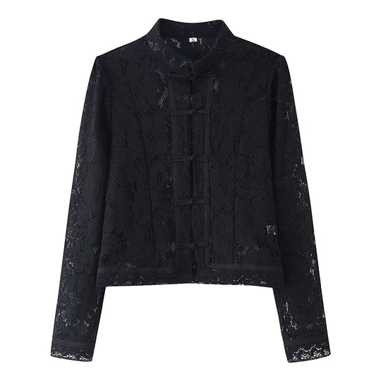 Damen Spitze Jacke mit Stehkragen, chinesischen Knoten und transparentem Floral-Design Shop Nory
