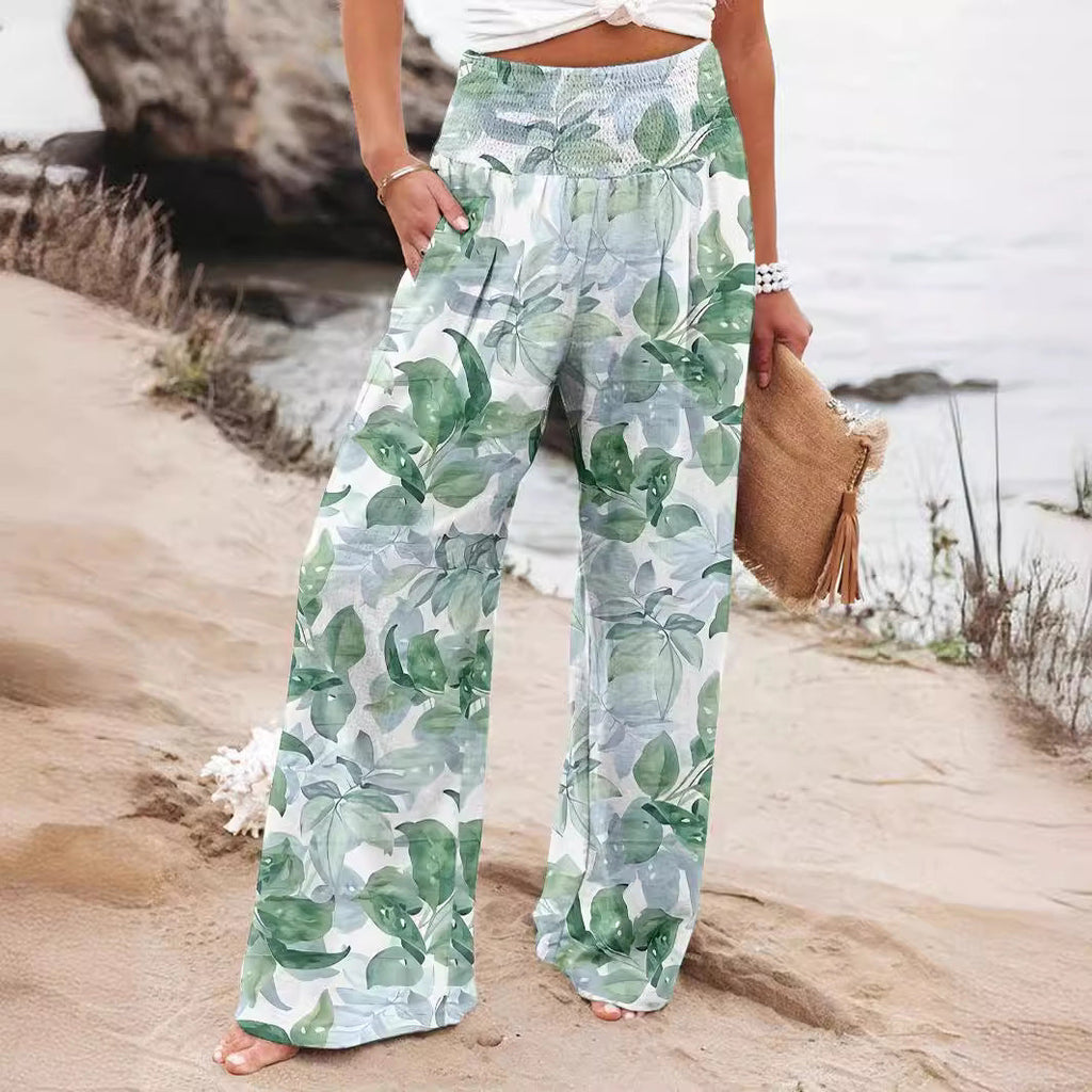 Damen Weit geschnittene Strandhose mit floralem Motiven und elastischem Bund