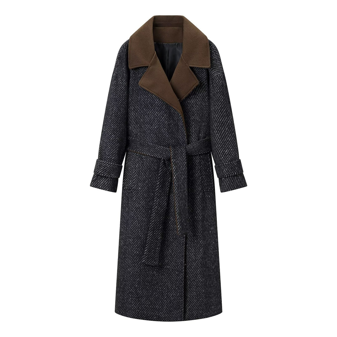 Damen Langer Woll-Herringbone Mantel mit Bindegürtel und großem Reverskragen Shop Nory