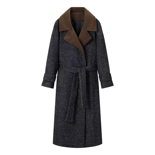 Damen Langer Woll-Herringbone Mantel mit Bindegürtel und großem Reverskragen Shop Nory