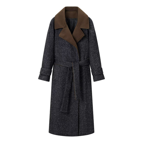 Damen Langer Woll-Herringbone Mantel mit Bindegürtel und großem Reverskragen Shop Nory