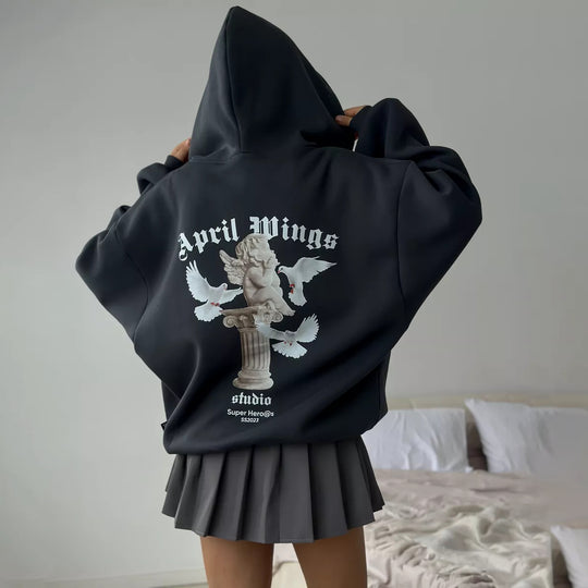 Damen oversized Kapuzenpullover mit Engels-Print und kunstvollem Rückendruck Shop Nory