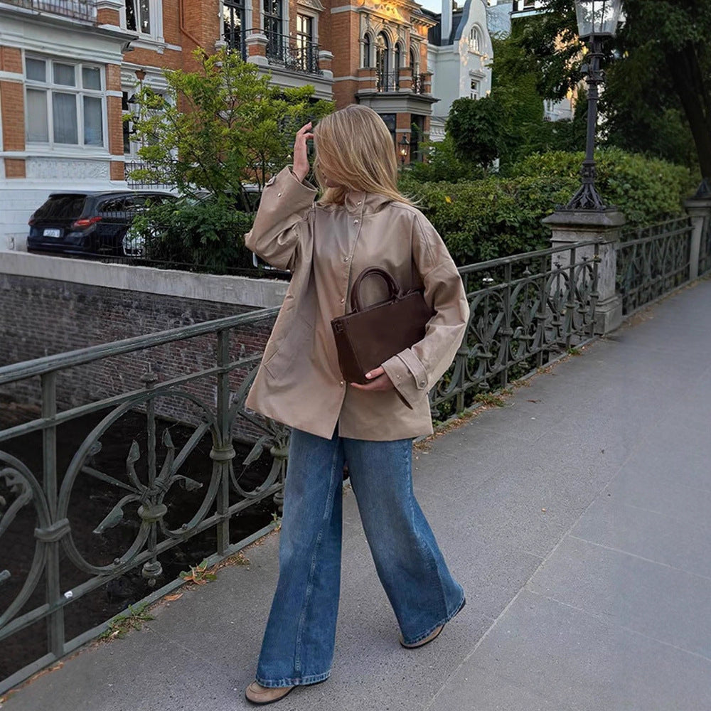 Damen Oversize Kurzmantel im Trench‑Look mit kastiger Silhouette und verdeckter Druckknopfleiste Shop Nory