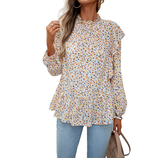 Damen nan geblümte Chiffon-Bluse mit gerafftem Stehkragen, Volant-Schultern und tailliertem Stufen-Saum Shop Nory