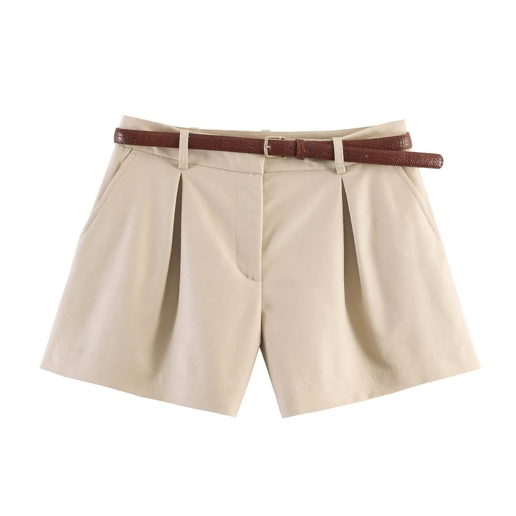 Damen klassische Shorts mit eleganten Falten und Gürtel Shopnory
