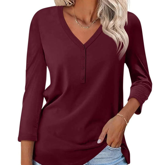 Damen Langarm T-Shirt mit Knopfleiste und V-Ausschnitt