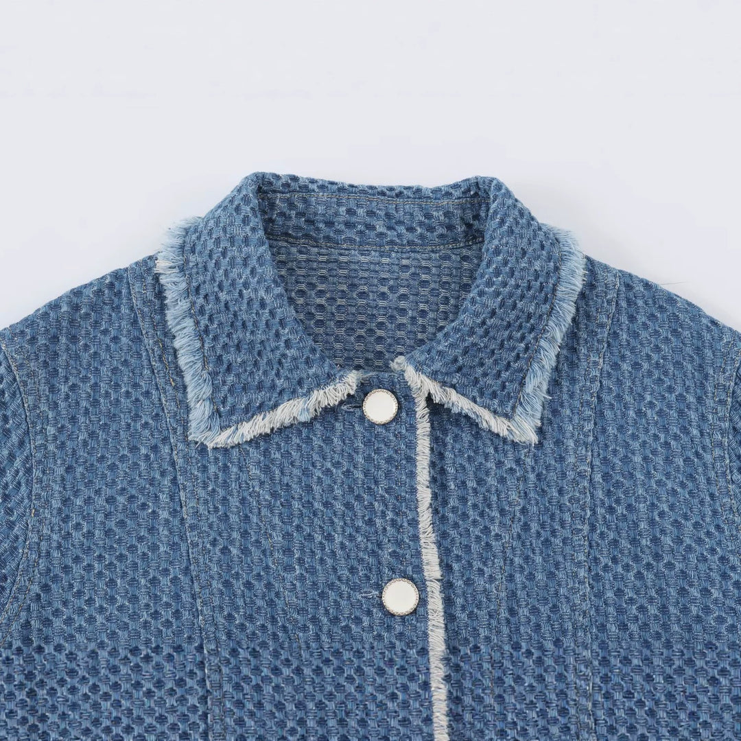 Damen Kurzjacke aus strukturiertem Denim mit Fransenbesatz und Pattentaschen Shop Nory