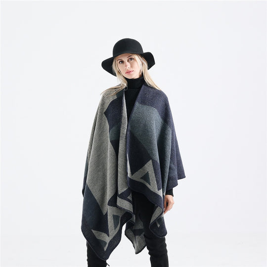 Damen Vielseitiger Wollmix-Überwurfponcho mit geometrischem Jacquard und offener Front Shop Nory