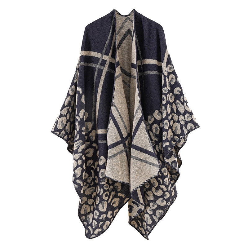 Damen Oversize-Ruana-Poncho mit Jacquardmix, Leoparden- und Karomuster Shop Nory