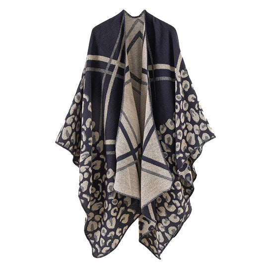 Damen Oversize-Ruana-Poncho mit Jacquardmix, Leoparden- und Karomuster Shop Nory