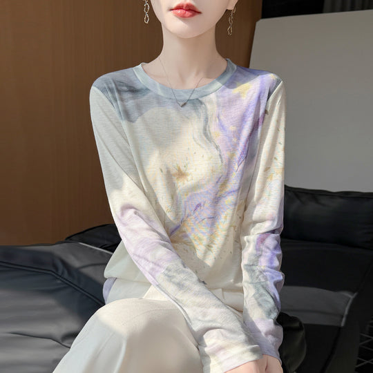 Damen Leichtes Langarmshirt aus Viskose-Mix mit Aquarellprint und Rundhalsausschnitt Shop Nory