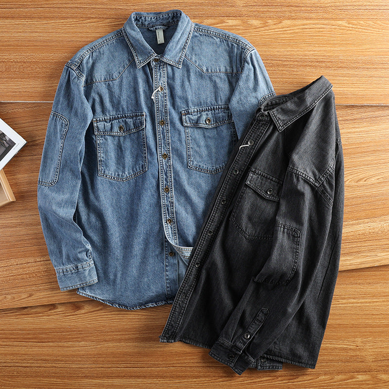 Herren Relaxed Denim‑Hemdjacke mit aufgesetzten Pattentaschen, verstärkten Ellenbogen und sichtbarer Knopfleiste Shop Nory
