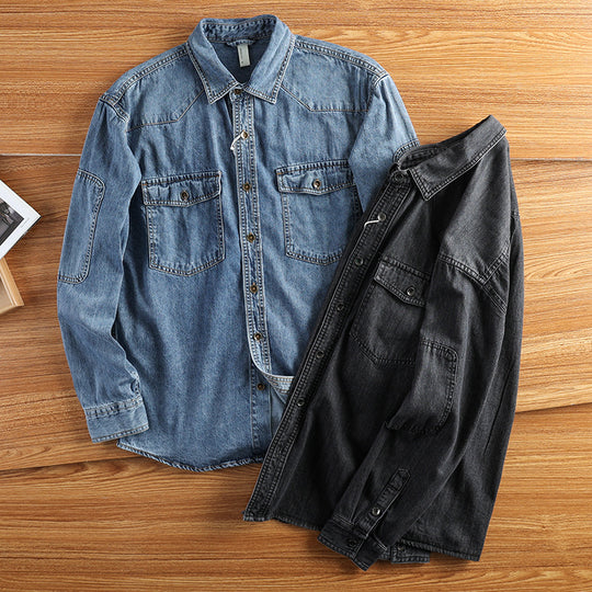 Herren Relaxed Denim‑Hemdjacke mit aufgesetzten Pattentaschen, verstärkten Ellenbogen und sichtbarer Knopfleiste Shop Nory