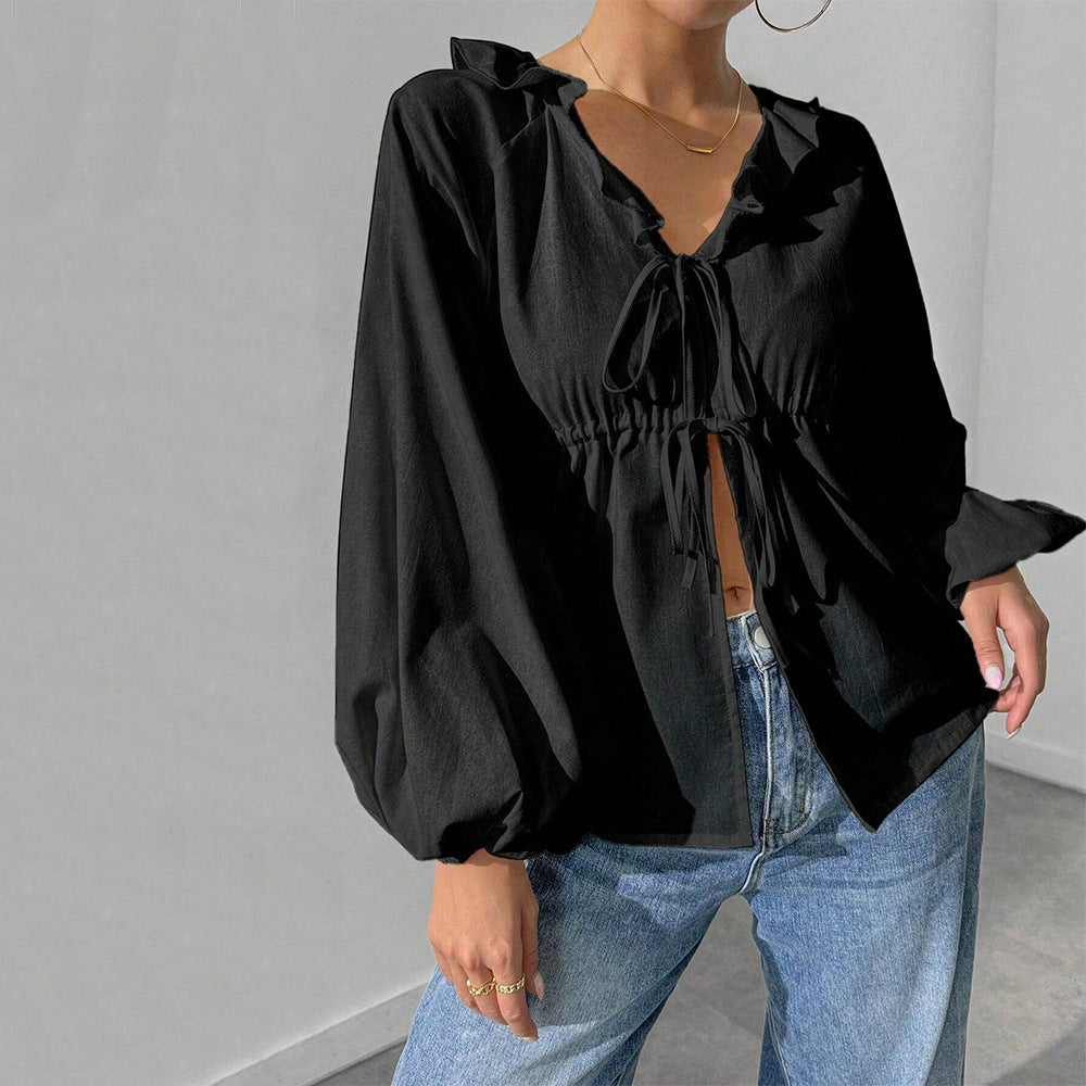 Damen lässige Rüschenbluse mit V‑Ausschnitt, Bindebändern und weiten Ballonärmeln Shop Nory
