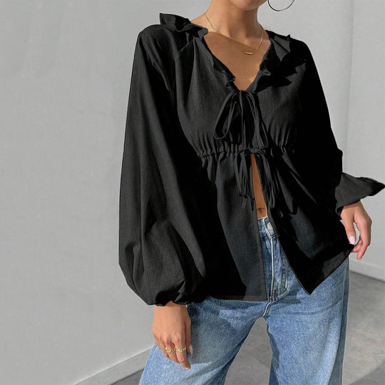 Damen lässige Rüschenbluse mit V‑Ausschnitt, Bindebändern und weiten Ballonärmeln Shop Nory