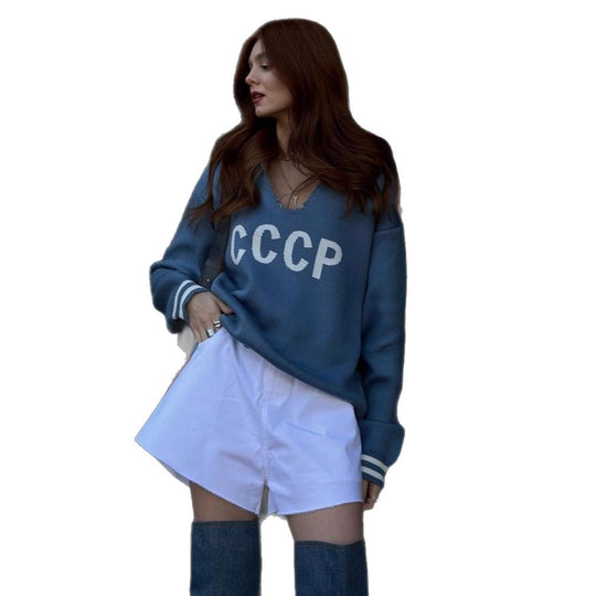 Damen oversize Strickpullover mit tiefem V-Ausschnitt und Kapuze Shop Nory