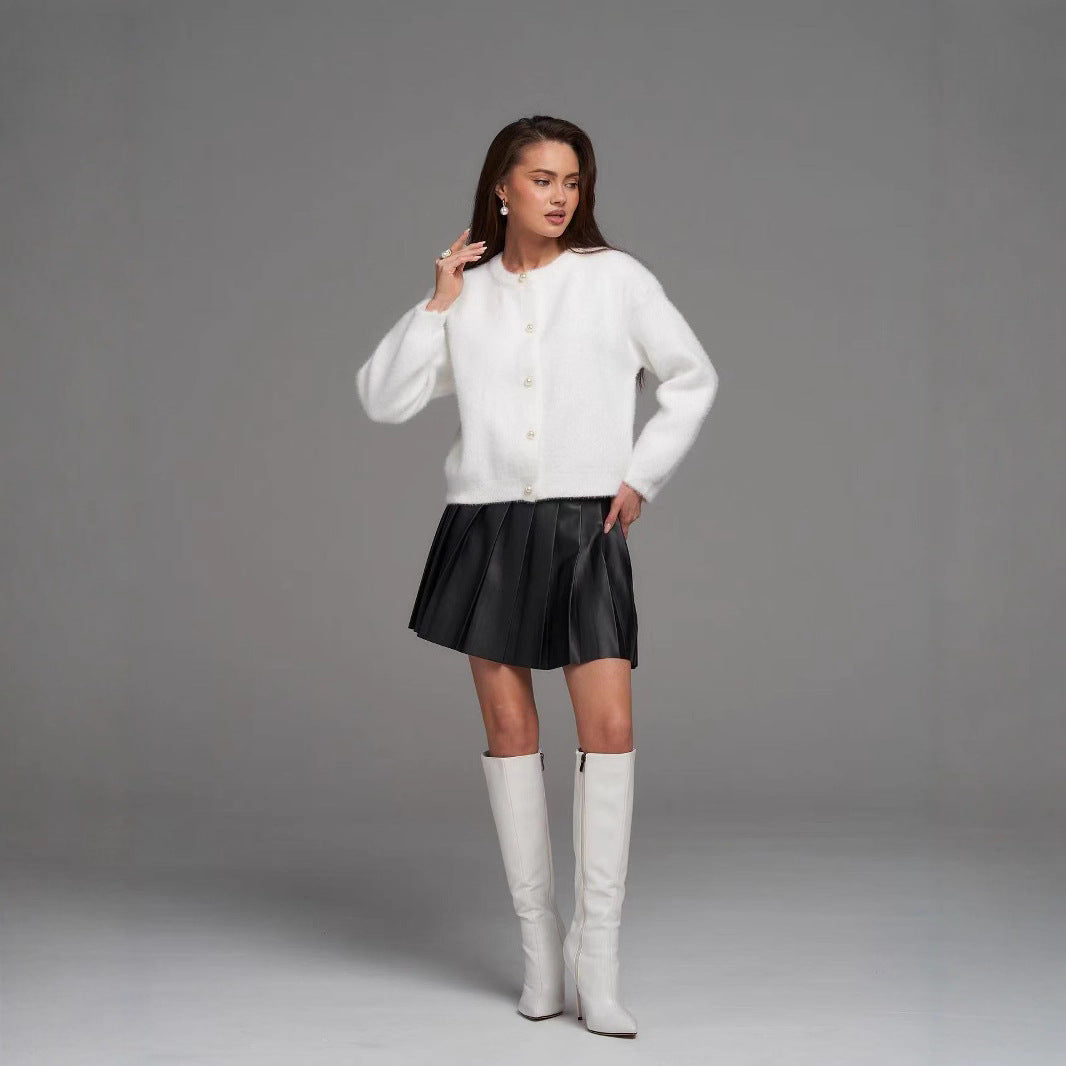 Damen Elegante Flauschige Strickjacke mit Perlenknöpfen Shop Nory