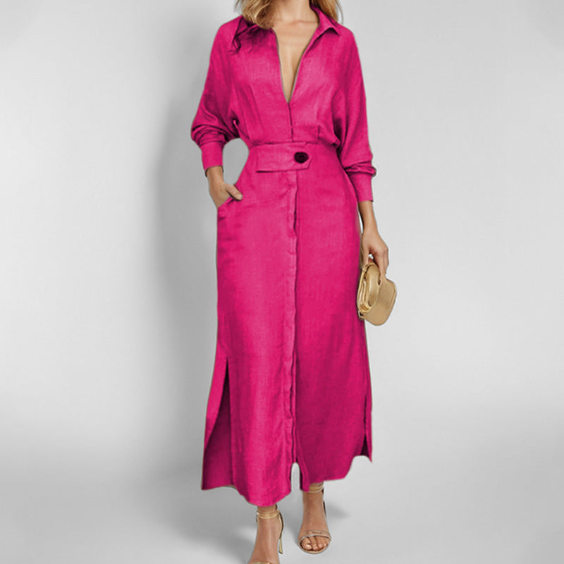 Damen Leinen-Maxikleid mit Hemdkragen, Taillengürtel und seitlichen Beinschlitzen Shop Nory