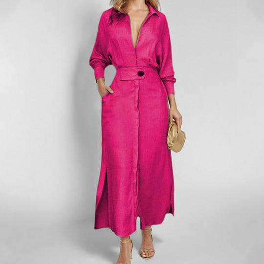 Damen Leinen-Maxikleid mit Hemdkragen, Taillengürtel und seitlichen Beinschlitzen Shop Nory