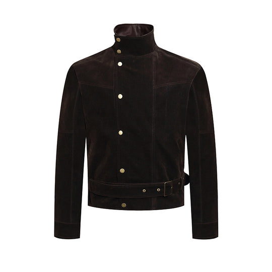 Herren Wildleder-Bikerjacke mit Stehkragen, Druckknopffront und Taillengürtel Shop Nory