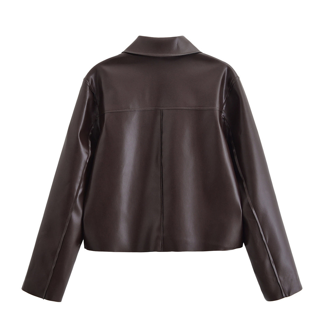 Damen Kurze Boxy-Lederoptikjacke mit Pattentaschen und Hemdkragen Shop Nory