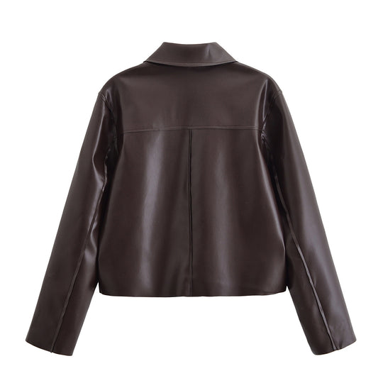 Damen Kurze Boxy-Lederoptikjacke mit Pattentaschen und Hemdkragen Shop Nory