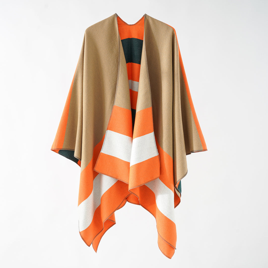Damen Oversize-Ruana im Cape‑Stil aus Wolloptik mit geometrischen Blockstreifen Shop Nory