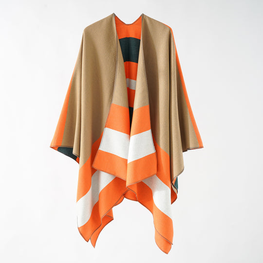Damen Oversize-Ruana im Cape‑Stil aus Wolloptik mit geometrischen Blockstreifen Shop Nory
