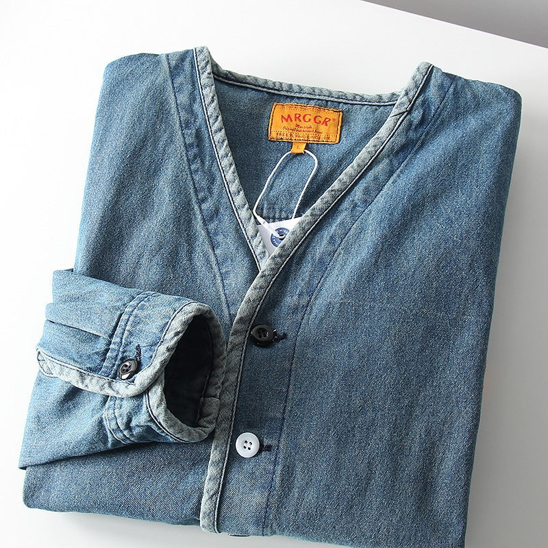 Herren Leichtes Jeans-Sakko im Overshirt-Stil mit V‑Ausschnitt und aufgesetzten Taschen Shop Nory
