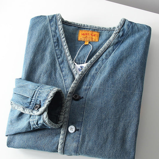 Herren Leichtes Jeans-Sakko im Overshirt-Stil mit V‑Ausschnitt und aufgesetzten Taschen Shop Nory