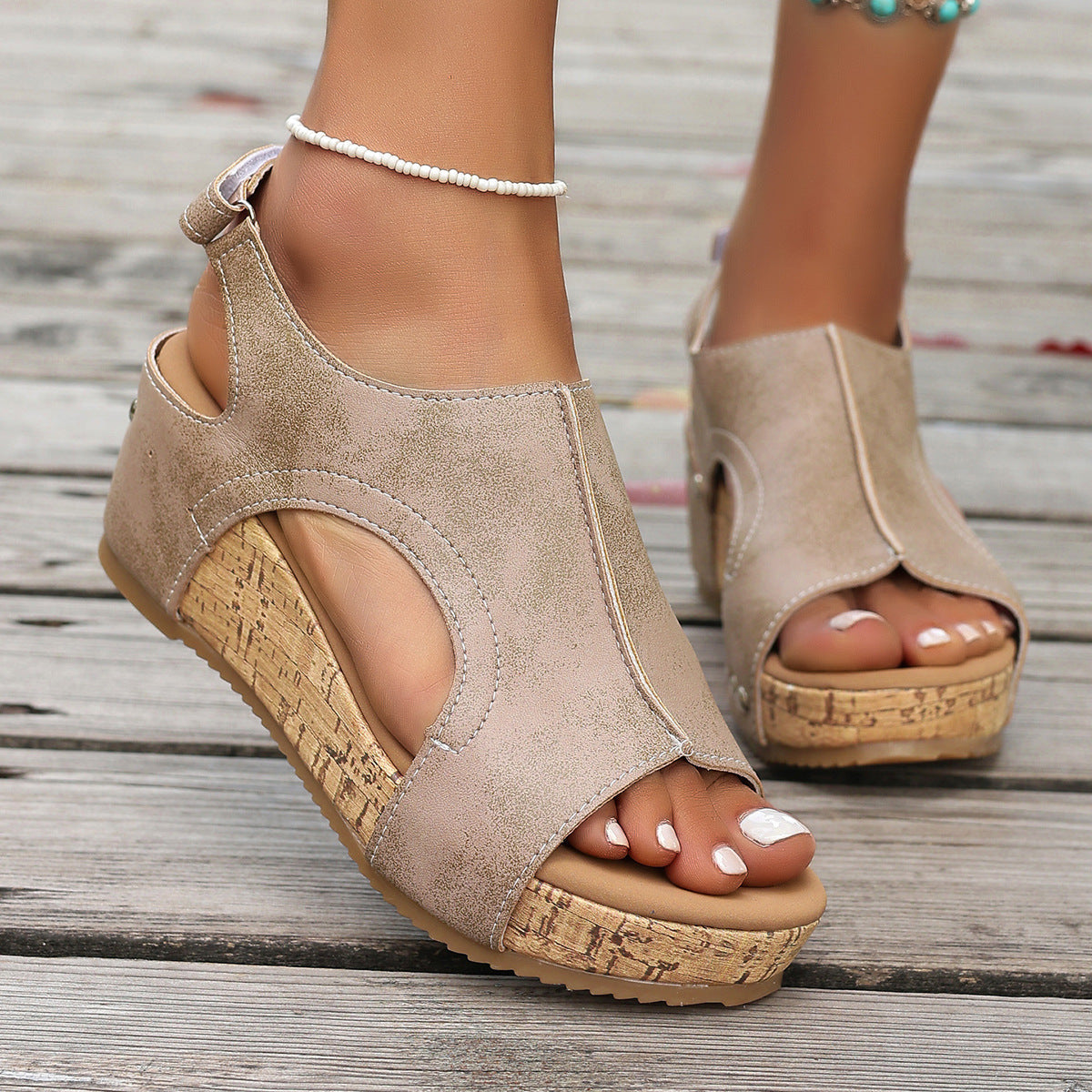 Damen Keil-Sandalen mit modischem Korkdesign und verstellbarem Riemen