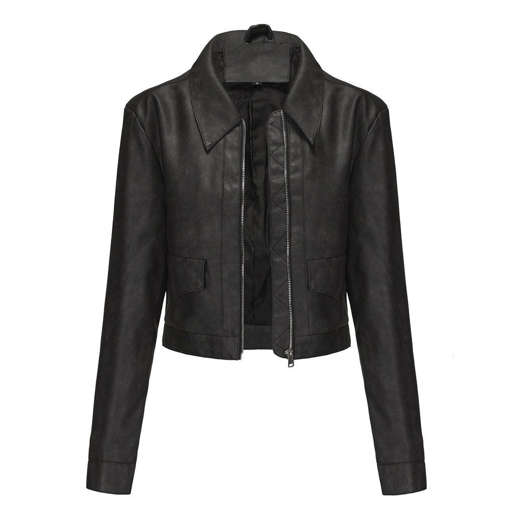 Damen modische cropped Kunstlederjacke mit klassischem Wellenkragen
