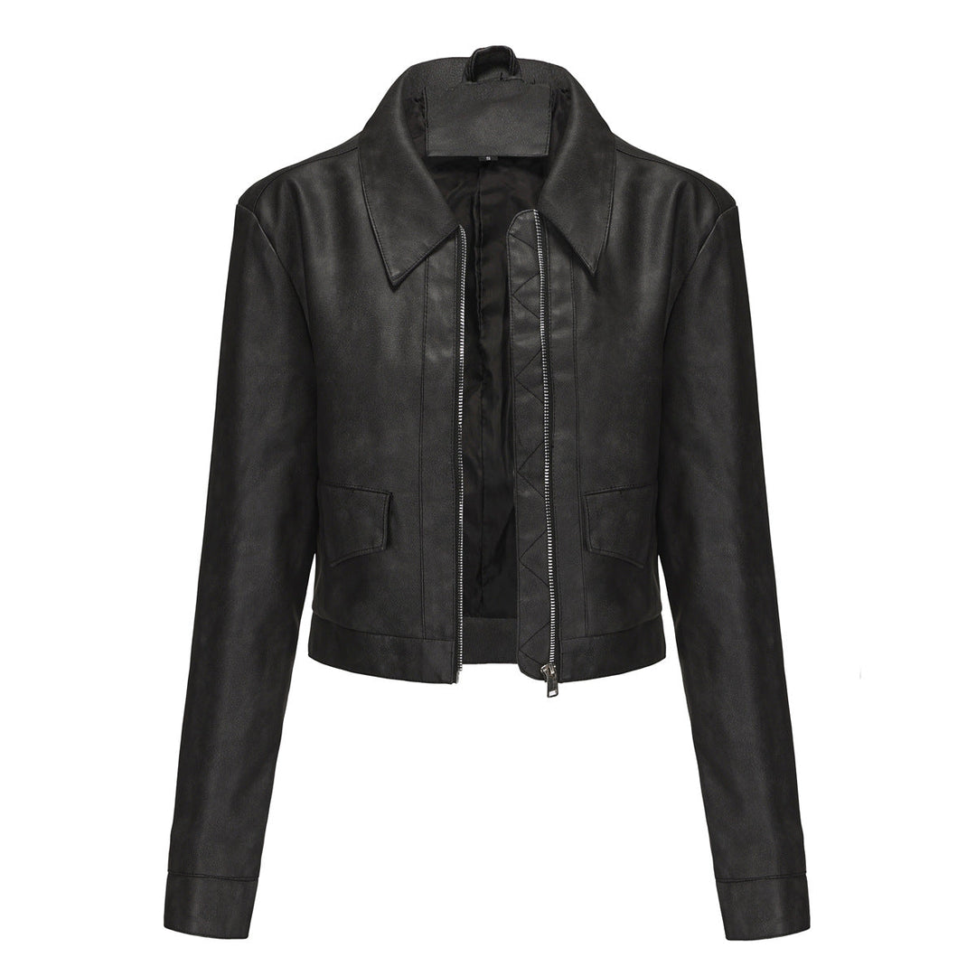 Damen modische cropped Kunstlederjacke mit klassischem Wellenkragen