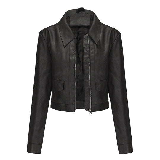 Damen modische cropped Kunstlederjacke mit klassischem Wellenkragen