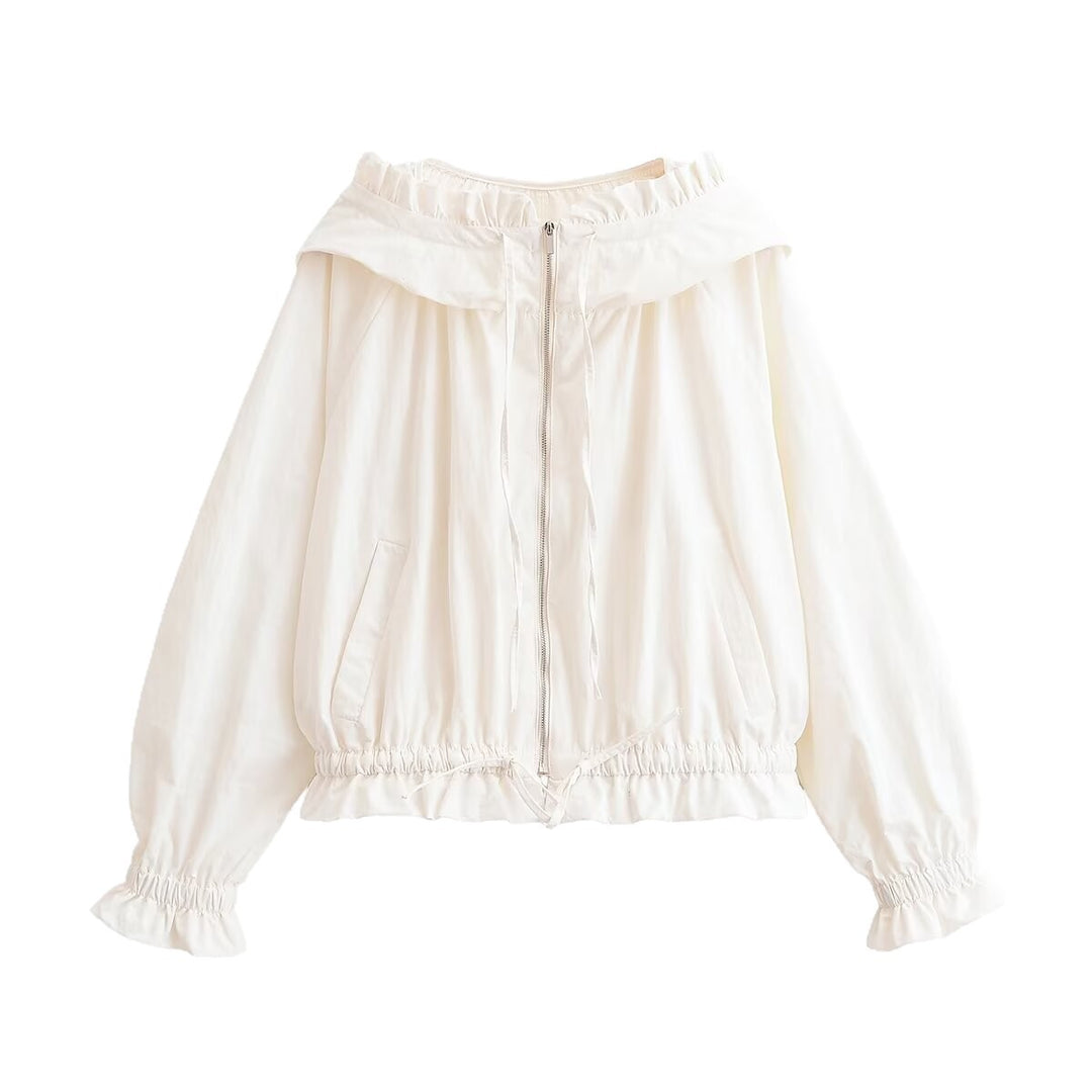 Damen Leichte Cropped-Übergangsjacke mit Rüschenkragen, Tunnelzug und Gummizugbündchen Shop Nory