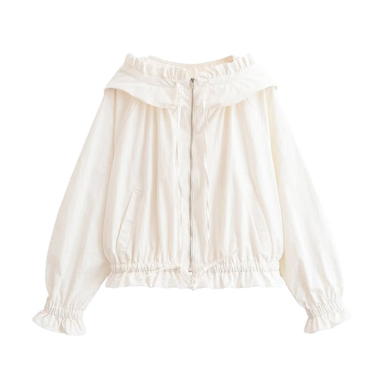 Damen Leichte Cropped-Übergangsjacke mit Rüschenkragen, Tunnelzug und Gummizugbündchen Shop Nory