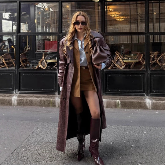 Damen Langer Trenchcoat aus Lederimitat mit Oversize-Schultern und taillierter Silhouette Shop Nory