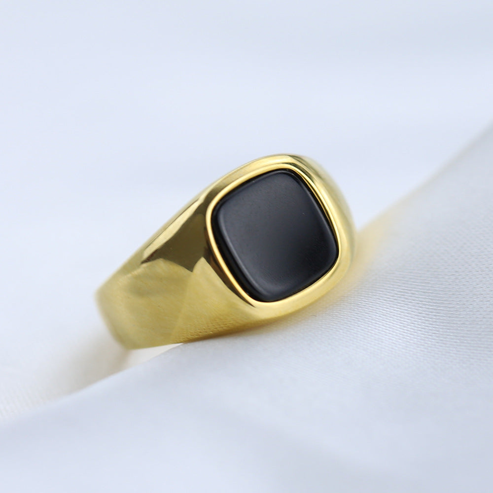 Herren Siegelring mit quadratischem Onyx und glänzender Edelstahlfassung Shop Nory
