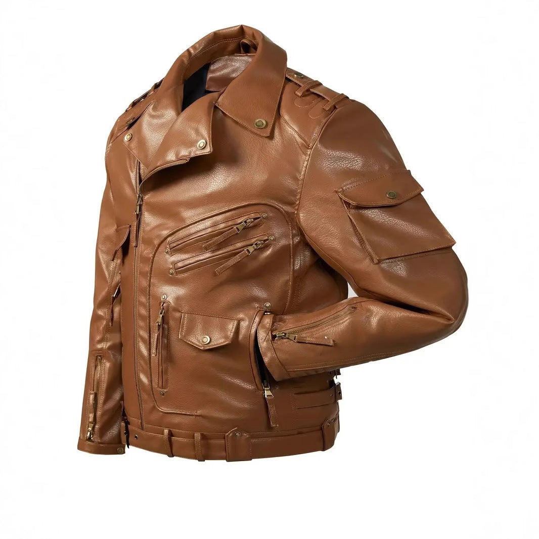 Herren Stylische Bikerjacke mit Mehreren Reißverschlusstaschen und Gürteldetail