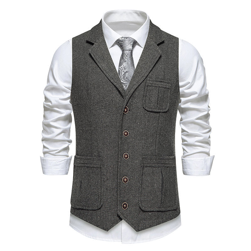 Herren Tweed‑Weste mit Fischgrätmuster, Reverskragen und aufgesetzten Taschen Shop Nory