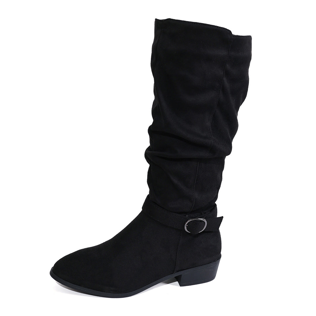 Damen kniehoher Slouch-Stiefel aus weichem Microvelours mit Ziergurt und niedrigem Blockabsatz Shop Nory
