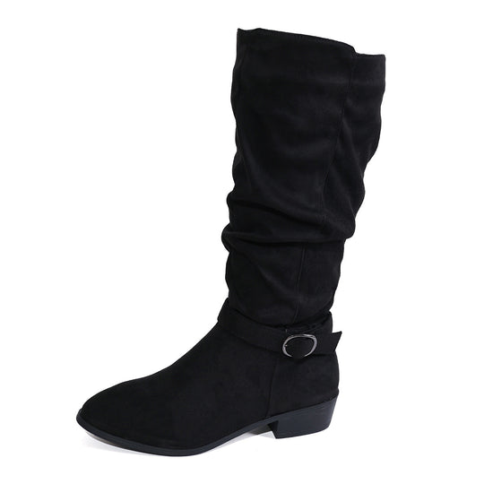 Damen kniehoher Slouch-Stiefel aus weichem Microvelours mit Ziergurt und niedrigem Blockabsatz Shop Nory