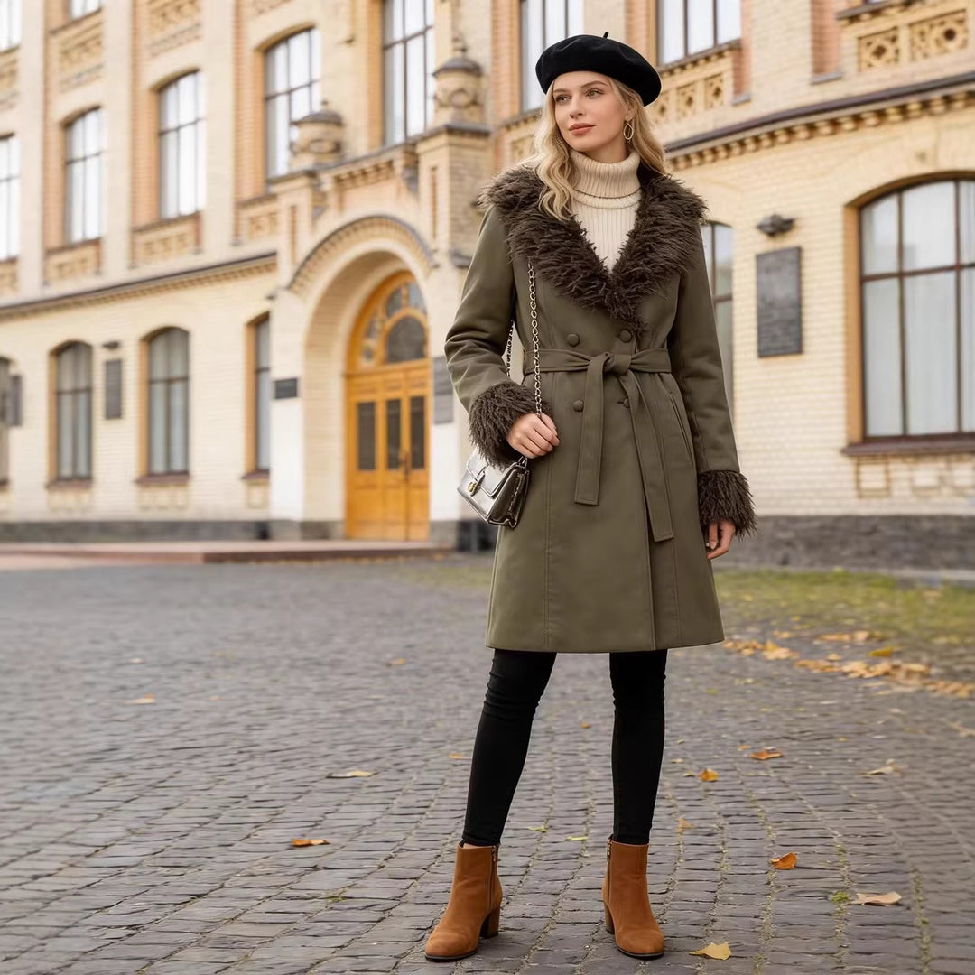 Damen Langer Mantel in Lammfelloptik mit Bindegürtel und Fellkragen Shop Nory