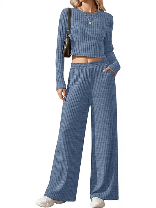 Damen Geripptes Feinstrick-Lounge-Set mit Cropped Langarmtop und High-Waist Palazzohose Shop Nory