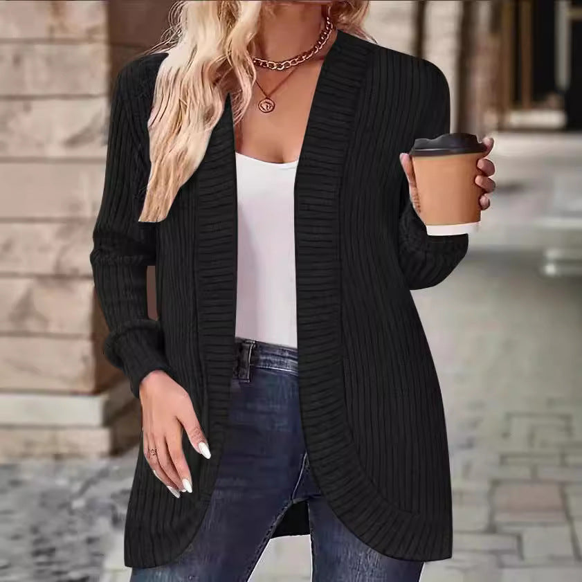 Damen Langer Offener Rippstrick-Cardigan mit abgerundetem Saum Shop Nory