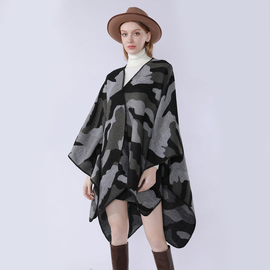 Damen Oversize-Cape mit Camouflage-Jacquard, offener Kimono-Fall und Ziernaht Shop Nory