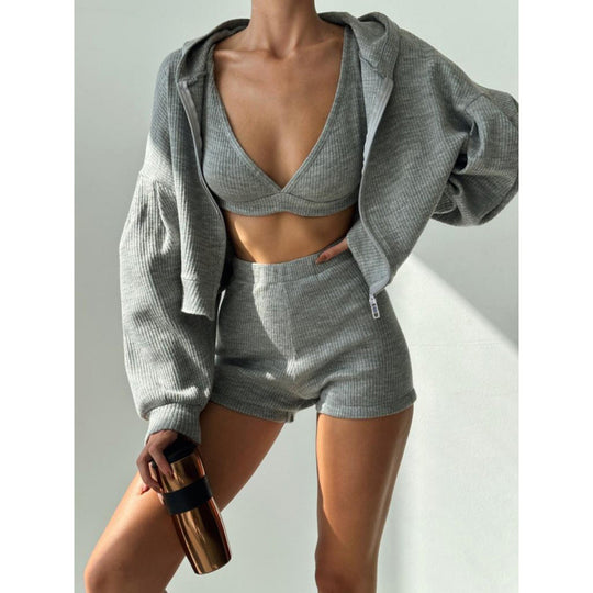 Damen nan kurzes geripptes Lounge-Set mit Kapuzen-Zipjacke und Highwaist-Shorts Shop Nory