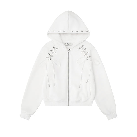 Damen Kapuzen-Sweatjacke mit Schnürungen, Metallösen und durchgehendem Reißverschluss Shop Nory