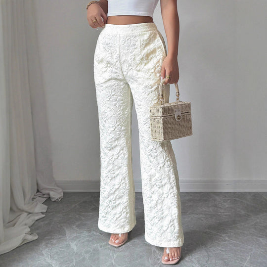 Damen hochgeschnittene Jacquard-Hose mit floralem Stickmuster, weitem Beinschnitt und Eingrifftaschen Shop Nory