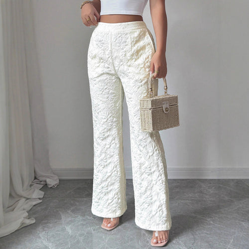 Damen hochgeschnittene Jacquard-Hose mit floralem Stickmuster, weitem Beinschnitt und Eingrifftaschen Shop Nory